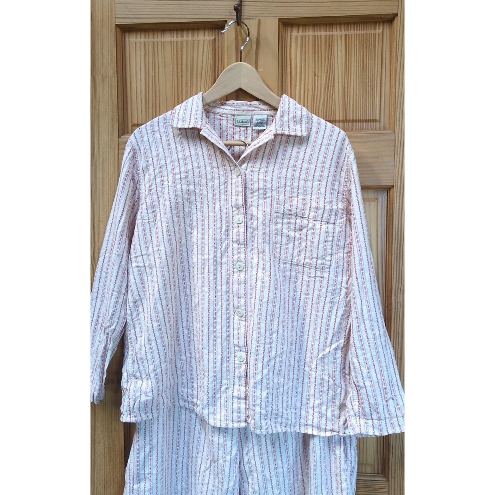 LL Bean Sz L Womens Red Striped Long Sleeve Cotton Flannel Pajama Set Retired